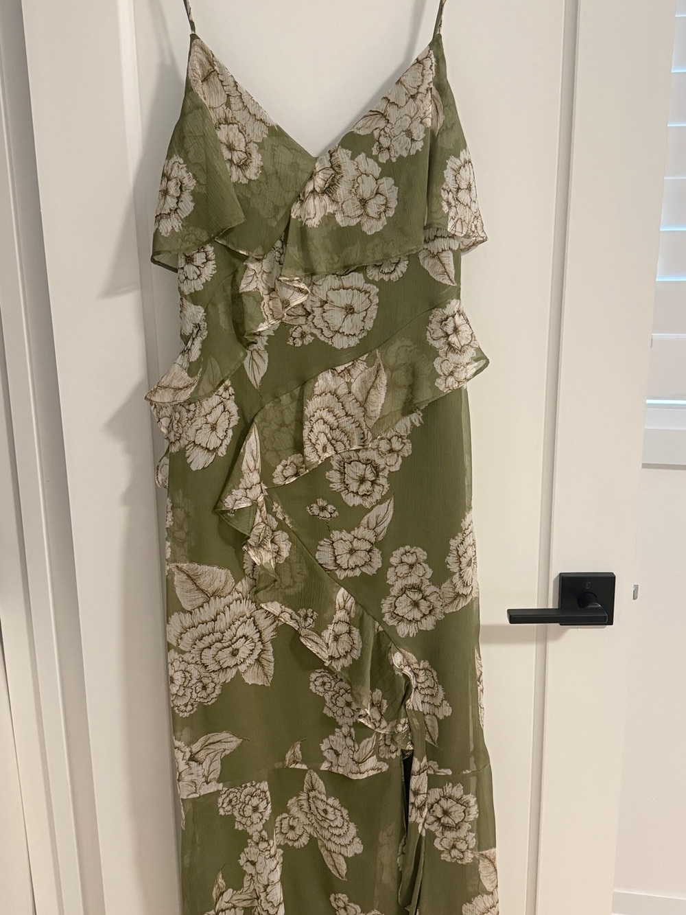 Zara Olive Green Ruffled Floral Print Midi Dress